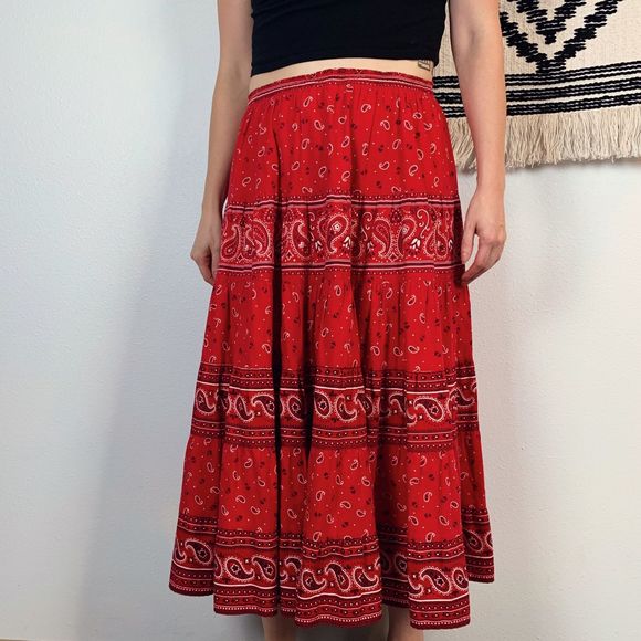 Vintage | Skirts | Vintage Western Bandana Tiered Maxi Prairie Skirt ...